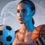 Deportista con balones de fútbol y baloncesto, cerebro e iconos; psicología del deporte en alto rendimiento