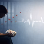 Mujer con cartas frente a barrotes y cardiograma, símbolo de hibristofilia y atracción por criminales